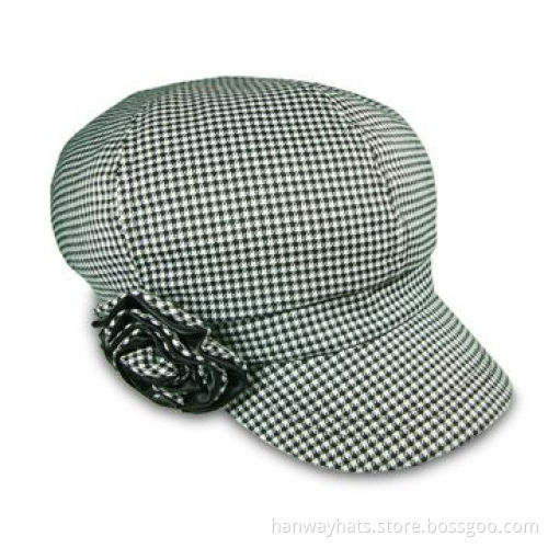 Ladies' Fashionable Newsboy Hat with Matched Flower and Classic Design, Checked Fabric/Self Band